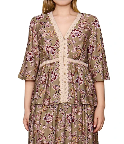 MELLODAY Coordinating Floral Lace V-Neck 3/4 Bell Sleeve Peplum Top