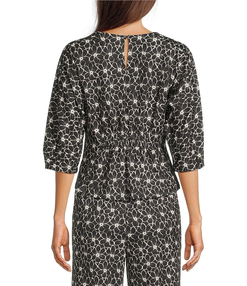 MELLODAY Coordinating Knit Techno Crepe Crew Neck 3/4 Puff Sleeve Peplum Top