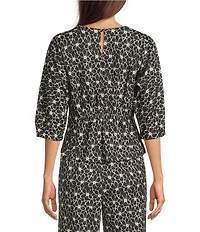 MELLODAY Coordinating Knit Techno Crepe Crew Neck 3/4 Puff Sleeve Peplum Top