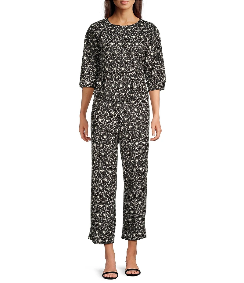 MELLODAY Coordinating Knit Techno Crepe Crew Neck 3/4 Puff Sleeve Peplum Top