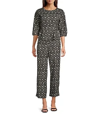 MELLODAY Coordinating Knit Techno Crepe Crew Neck 3/4 Puff Sleeve Peplum Top