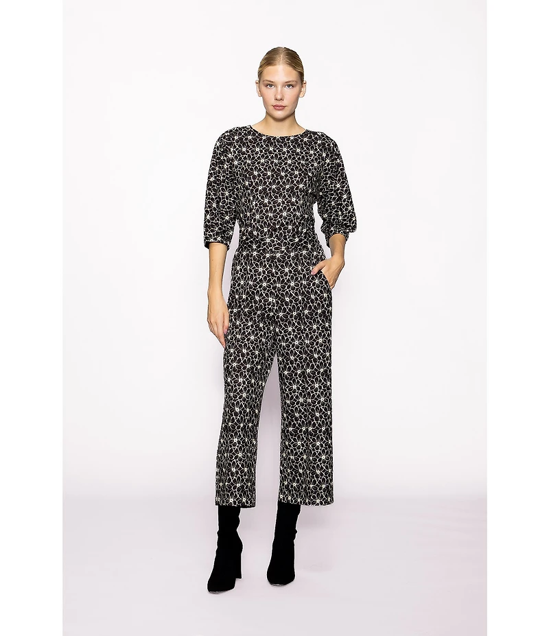 MELLODAY Coordinating Knit Techno Crepe Crew Neck 3/4 Puff Sleeve Peplum Top