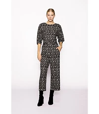 MELLODAY Coordinating Knit Techno Crepe Crew Neck 3/4 Puff Sleeve Peplum Top