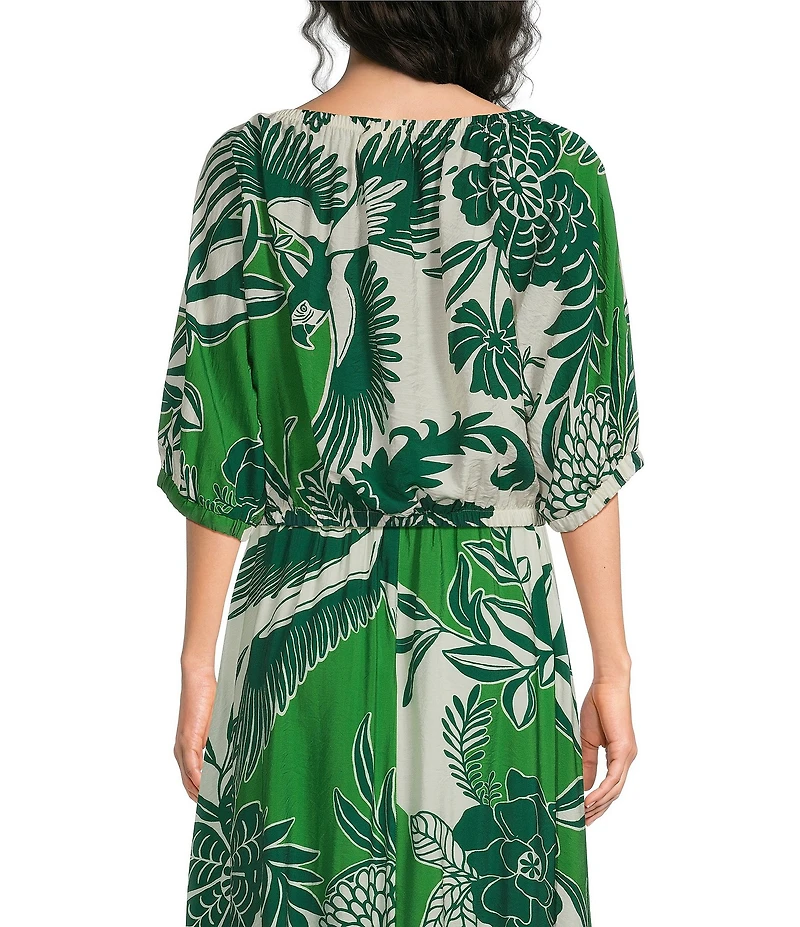MELLODAY Coordinating Leaf Print Convertible Elastic Neckline Dolman Sleeve Top