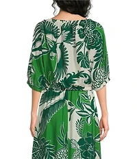 MELLODAY Coordinating Leaf Print Convertible Elastic Neckline Dolman Sleeve Top