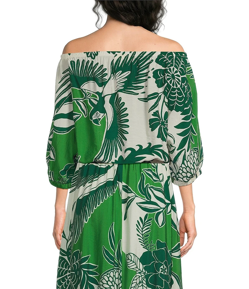 MELLODAY Coordinating Leaf Print Convertible Elastic Neckline Dolman Sleeve Top