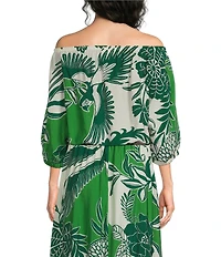 MELLODAY Coordinating Leaf Print Convertible Elastic Neckline Dolman Sleeve Top