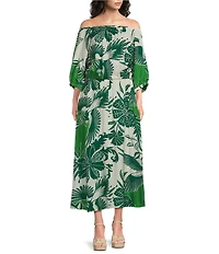 MELLODAY Coordinating Leaf Print Convertible Elastic Neckline Dolman Sleeve Top