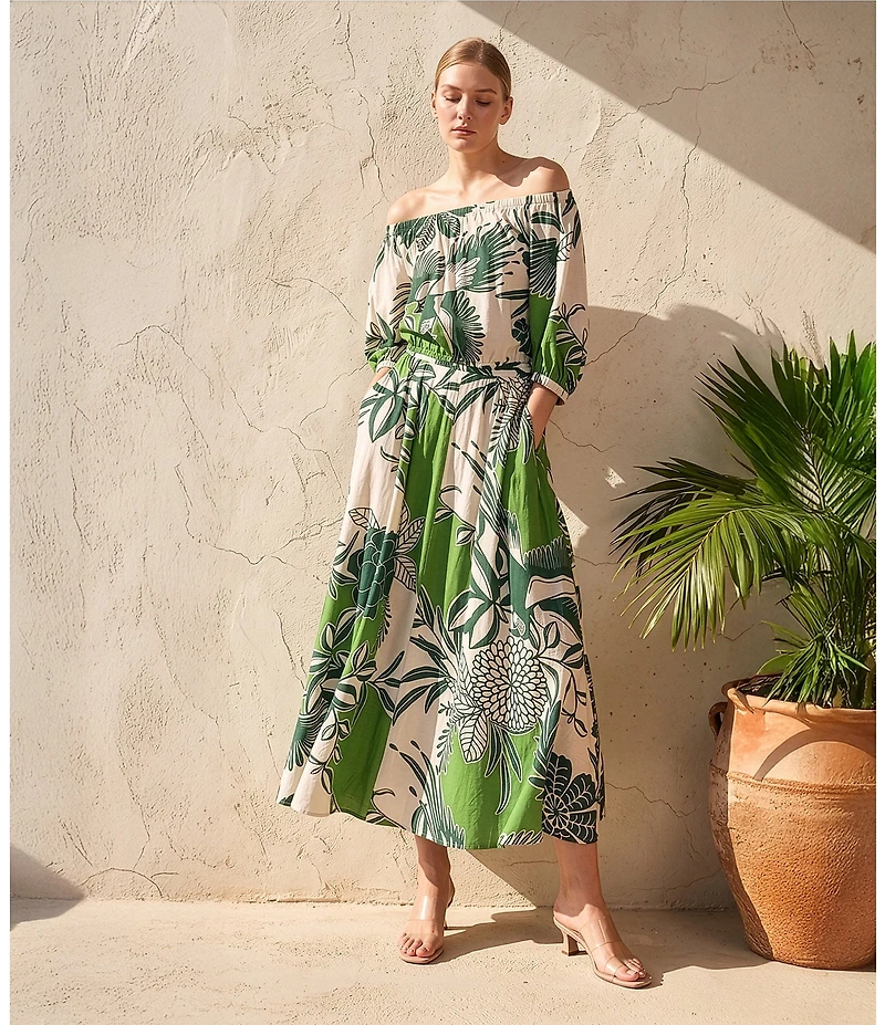 MELLODAY Coordinating Leaf Print Convertible Elastic Neckline Dolman Sleeve Top