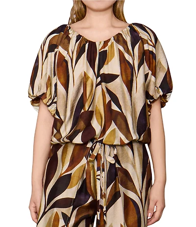 MELLODAY Coordinating Leaf Print Gathered Neck Short Puff Sleeve Top