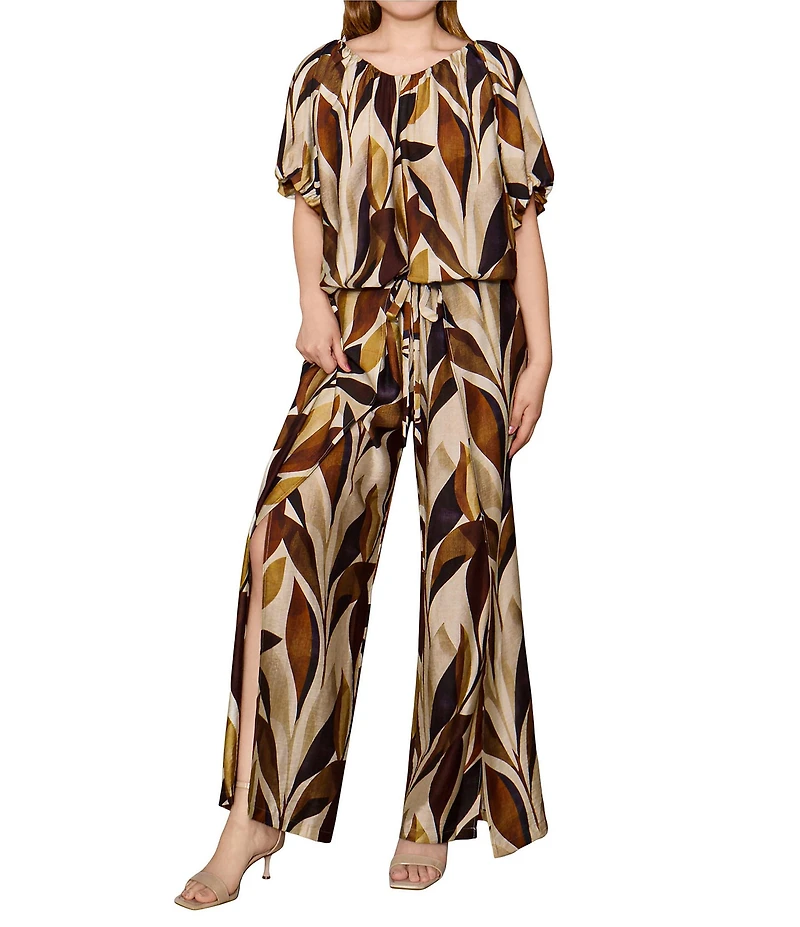 MELLODAY Coordinating Leaf Print Wide Leg Wrap Pants
