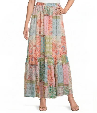 MELLODAY Coordinating Patchwork Print Lurex Chiffon Tiered Maxi Skirt