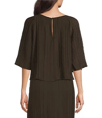 MELLODAY Coordinating Plisse Crew Neck 3/4 Raglan Sleeve Blouse