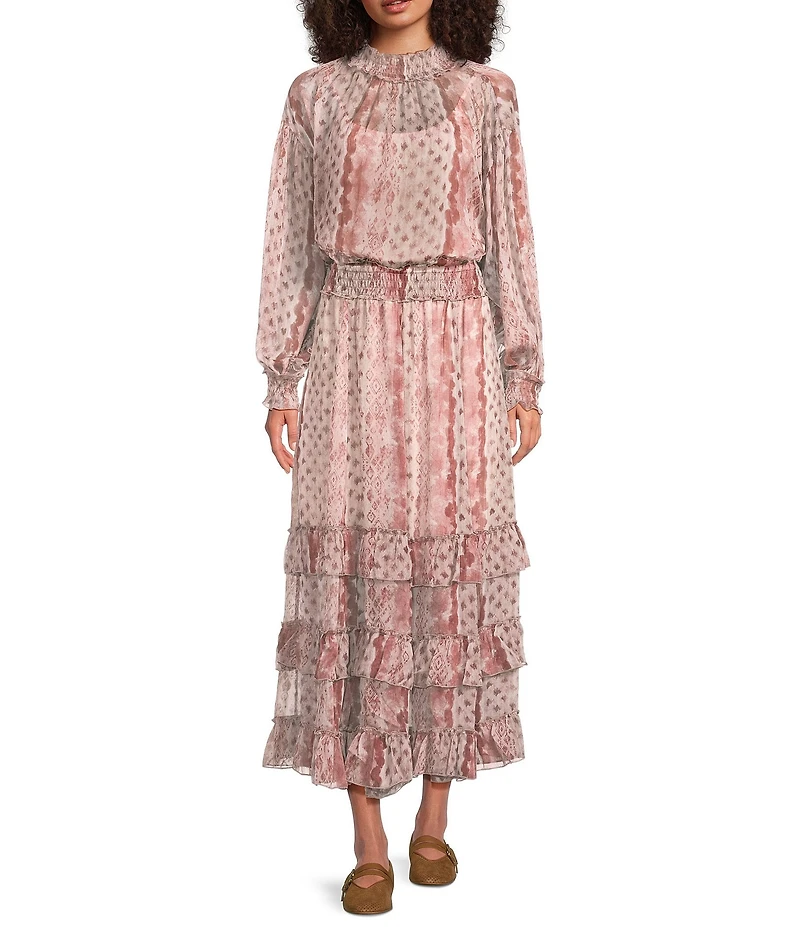 MELLODAY Coordinating Printed Chiffon Tiered Ruffle Hem A-Line Midi Skirt