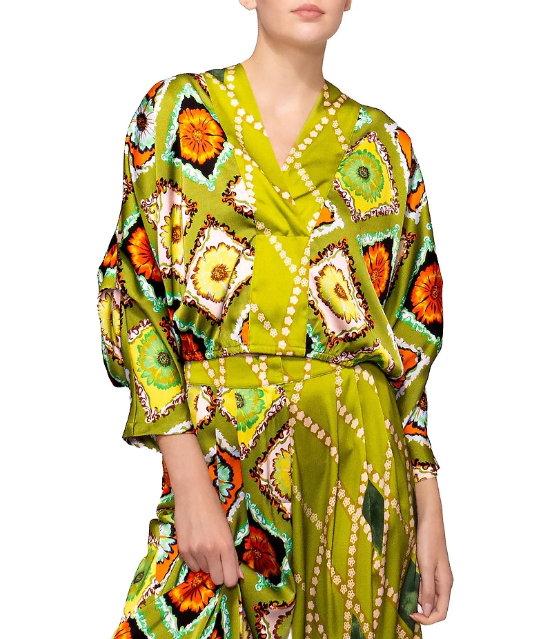 MELLODAY Coordinating Satin Contrast Mixed Print Surplice V-Neck 3/4 Gathered Kimono Sleeve Top