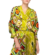 MELLODAY Coordinating Satin Contrast Mixed Print Surplice V-Neck 3/4 Gathered Kimono Sleeve Top