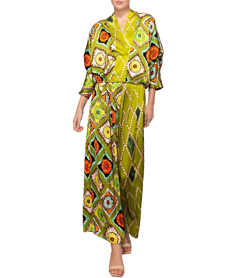 MELLODAY Coordinating Satin Contrast Mixed Print Surplice V-Neck 3/4 Gathered Kimono Sleeve Top