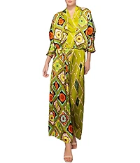 MELLODAY Coordinating Satin Contrast Mixed Print Surplice V-Neck 3/4 Gathered Kimono Sleeve Top