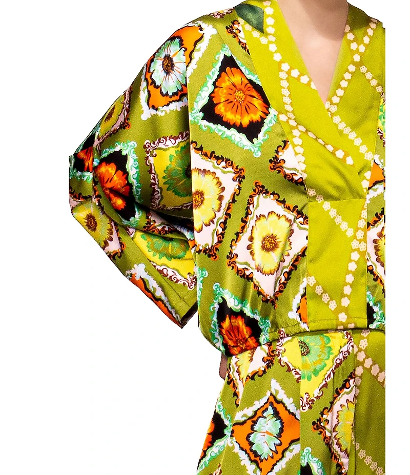 MELLODAY Coordinating Satin Contrast Mixed Print Surplice V-Neck 3/4 Gathered Kimono Sleeve Top
