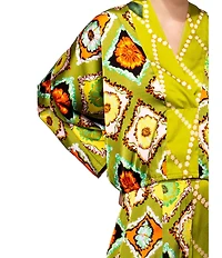 MELLODAY Coordinating Satin Contrast Mixed Print Surplice V-Neck 3/4 Gathered Kimono Sleeve Top