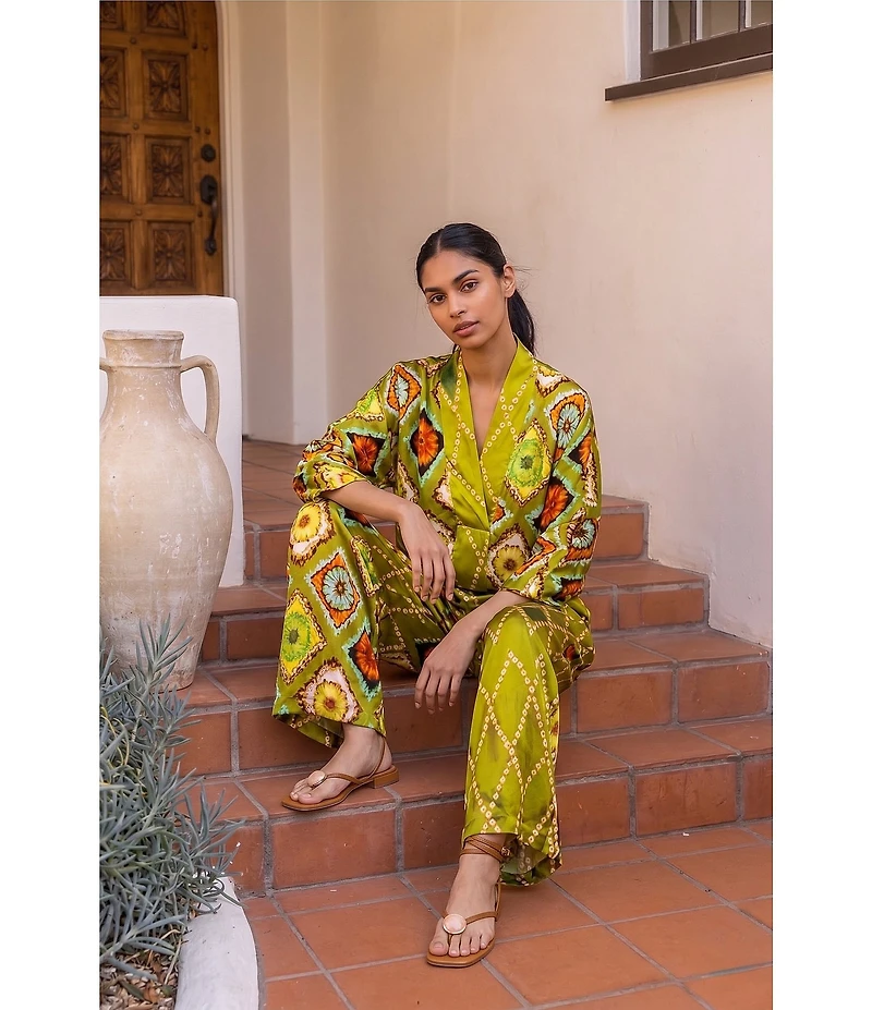 MELLODAY Coordinating Satin Contrast Mixed Print Surplice V-Neck 3/4 Gathered Kimono Sleeve Top