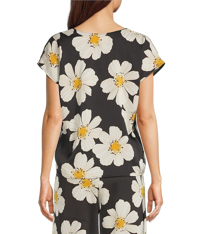 MELLODAY Coordinating Satin Daisy Print V-Neck Cap Sleeve Top