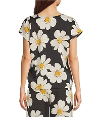 MELLODAY Coordinating Satin Daisy Print V-Neck Cap Sleeve Top