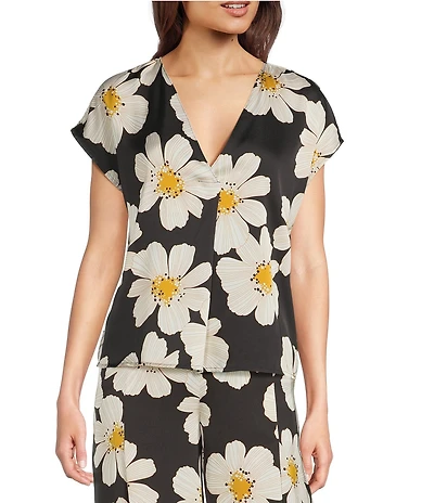 MELLODAY Coordinating Satin Daisy Print V-Neck Cap Sleeve Top