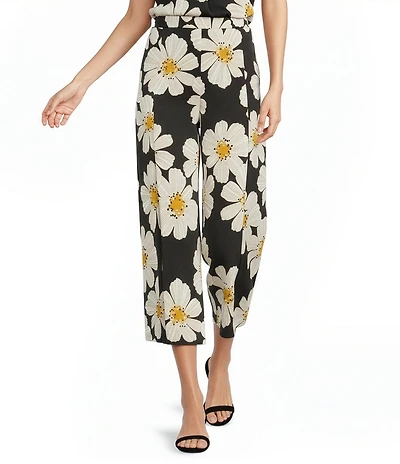 MELLODAY Coordinating Satin Daisy Print Wide Leg Cropped Pants