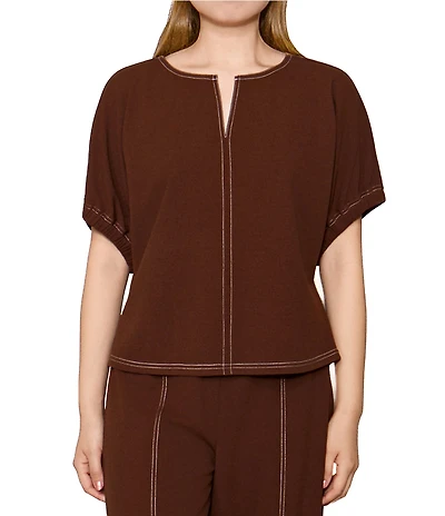 MELLODAY Coordinating Techno Crepe Topstitched Split Round Neck Dolman Sleeve Top