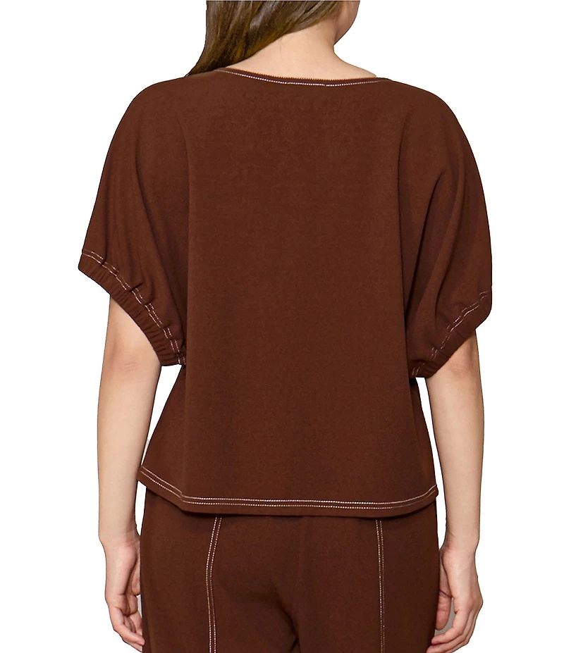 MELLODAY Coordinating Techno Crepe Topstitched Split Round Neck Dolman Sleeve Top
