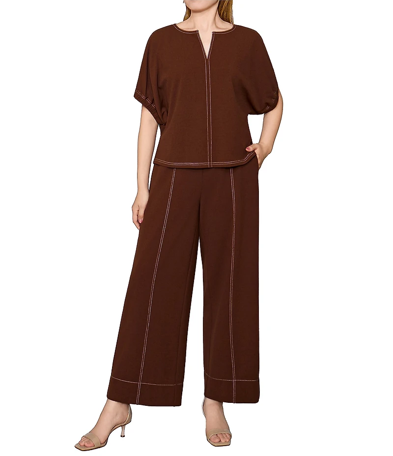 MELLODAY Coordinating Techno Crepe Topstitched Split Round Neck Dolman Sleeve Top