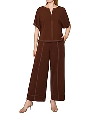 MELLODAY Coordinating Techno Crepe Topstitched Split Round Neck Dolman Sleeve Top