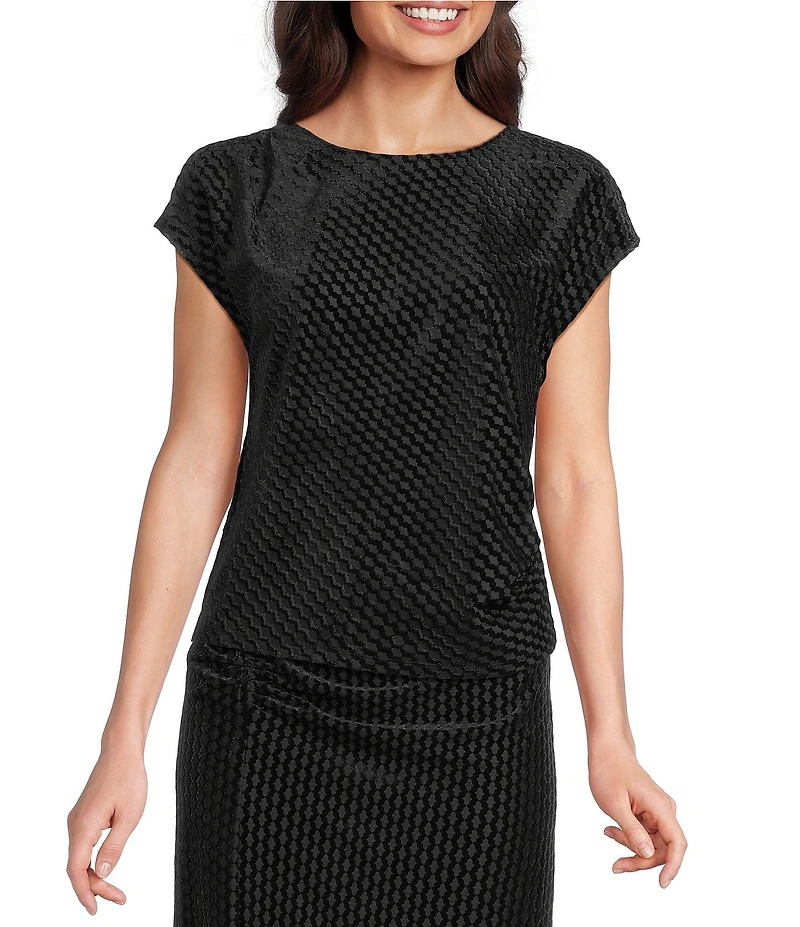 MELLODAY Coordinating Velvet Round Neck Short Dolman Sleeve Side Cinched Top