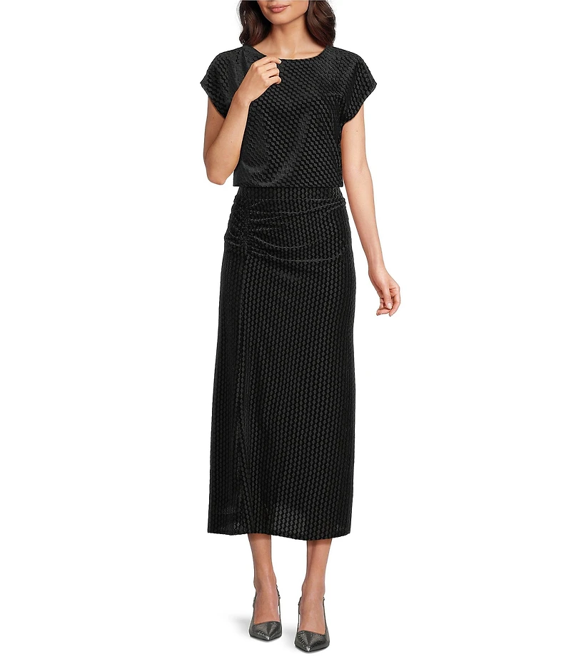 MELLODAY Coordinating Velvet Round Neck Short Dolman Sleeve Side Cinched Top