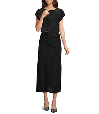 MELLODAY Coordinating Velvet Round Neck Short Dolman Sleeve Side Cinched Top