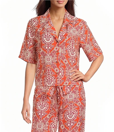 MELLODAY Coordinating Woven Paisley Print Notch Lapel Short Sleeve Button Front Shirt