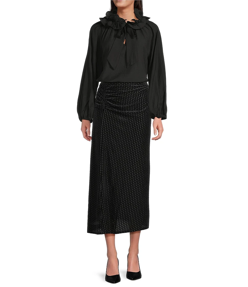 MELLODAY Crepe Ruffle Collar Keyhole Tie Neck Long Sleeve Blouse