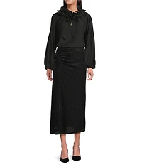 MELLODAY Crepe Ruffle Collar Keyhole Tie Neck Long Sleeve Blouse