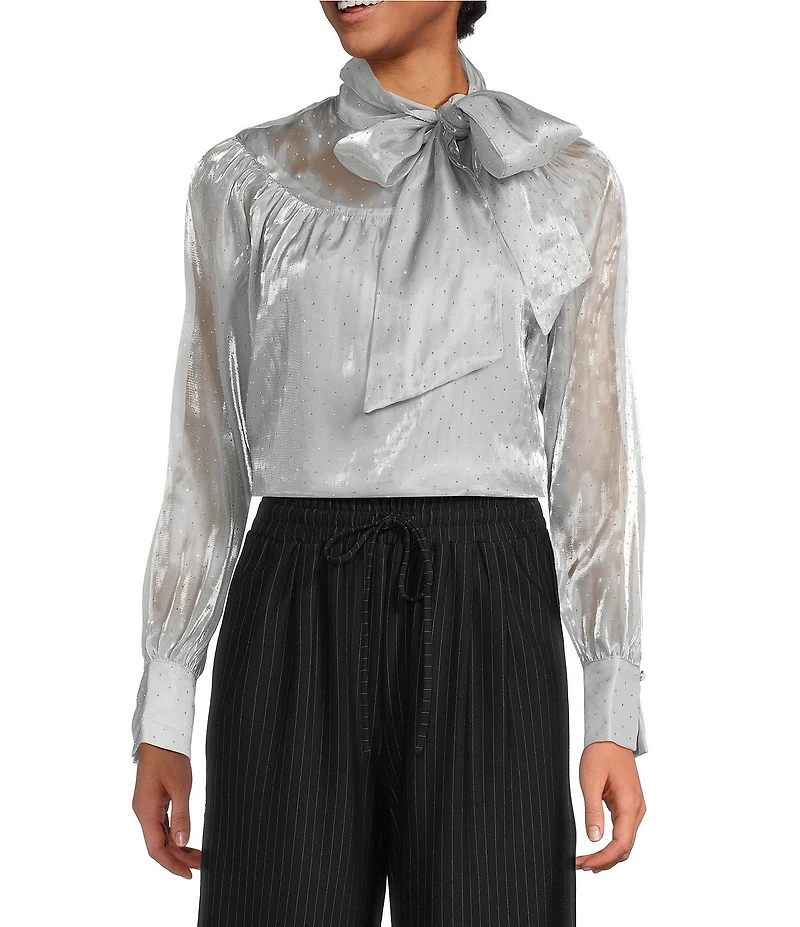 MELLODAY Embellished Studded Shine Organza Tie Neck Long Sleeve Blouse