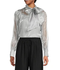 MELLODAY Embellished Studded Shine Organza Tie Neck Long Sleeve Blouse