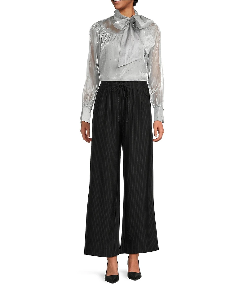 MELLODAY Embellished Studded Shine Organza Tie Neck Long Sleeve Blouse