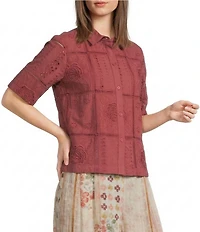 MELLODAY Embroidered Eyelet Point Collar Short Sleeve Button Front Shirt