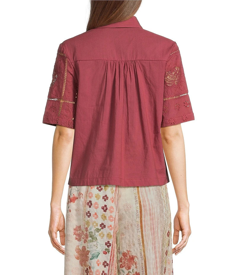 MELLODAY Embroidered Eyelet Point Collar Short Sleeve Button Front Shirt