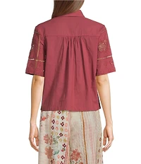 MELLODAY Embroidered Eyelet Point Collar Short Sleeve Button Front Shirt