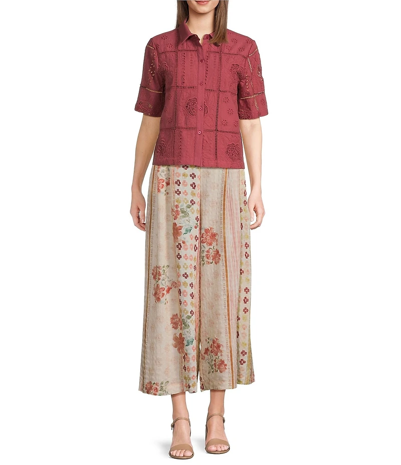 MELLODAY Embroidered Eyelet Point Collar Short Sleeve Button Front Shirt