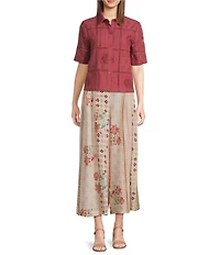 MELLODAY Embroidered Eyelet Point Collar Short Sleeve Button Front Shirt