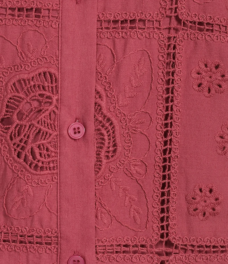 MELLODAY Embroidered Eyelet Point Collar Short Sleeve Button Front Shirt