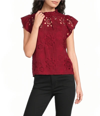 MELLODAY Embroidered Eyelet Ruffle Neck Flutter Cap Sleeve Top
