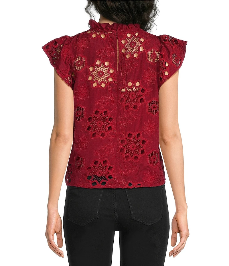 MELLODAY Embroidered Eyelet Ruffle Neck Flutter Cap Sleeve Top